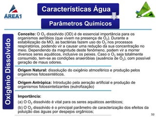 Características Água

                                        Parâmetros Químicos
                      Conceito: O O2 dissolvido (OD) é de essencial importância para os
                      organismos aeróbios (que vivem na presença de O2). Durante a
Oxigênio Dissolvido



                      estabilização da MO, as bactérias fazem uso do O2 nos processos
                      respiratórios, podendo vir a causar uma redução da sua concentração no
                      meio. Dependendo da magnitude deste fenômeno, podem vir a morrer
                      diversos seres aquáticos, inclusive os peixes. Caso o O2 seja totalmente
                      consumido, tem-se as condições anaeróbias (ausência de O2), com possível
                      geração de maus odores.

                      Origem Natural: dissolução do oxigênio atmosférico e produção pelos
                      organismos fotossintéticos.

                      Origem Antrópica: Introdução pela aeração artificial e produção de
                      organismos fotossintetizantes (eutrofização)

                      Importância:
                      (a) O O2 dissolvido é vital para os seres aquáticos aeróbicos;
                      (b) O O2 dissolvido é o principal parâmetro de caracterização dos efeitos da
                      poluição das águas por despejos orgânicos;
                                                                                                     50
 