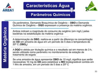 Características Água

                                   Parâmetros Químicos

                   Os parâmetros, Demanda Bioquímica de Oxigênio – DBO e Demanda
                   Química de Oxigênio – DQO expressam a presença da matéria orgânica.
Matéria Orgânica




                   Ambos indicam a magnitude do consumo de oxigênio (em mg/L) pelas
                   bactérias na estabilização da matéria orgânica

                   A determinação da DBO, realiza-se a partir da diferença na concentração
                   de OD em amostra de água em um período de 5 dias e temperatura de
                   20º C (DBO5)

                   A DQO é obtida por titulação química e o resultado sai em menos de 3 h,
                   sendo utilizado como parâmetro no monitoramento de estação de
                   tratamento de esgoto
                   Se uma amostra de água apresentar DBO de 10 mg/L significa que serão
                   necessárias 10 mg de OD para estabilizar a MO biodegradável contida em
                   1 litro de amostra, em um período de 5 dias a 20º C

                                                                                             53
 
