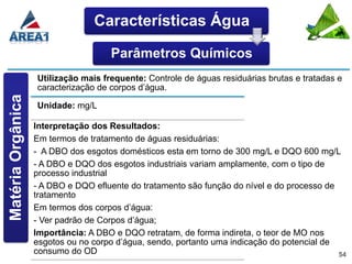 Características Água

                                     Parâmetros Químicos
                   Utilização mais frequente: Controle de águas residuárias brutas e tratadas e
                   caracterização de corpos d’água.
Matéria Orgânica




                   Unidade: mg/L

                   Interpretação dos Resultados:
                   Em termos de tratamento de águas residuárias:
                   - A DBO dos esgotos domésticos esta em torno de 300 mg/L e DQO 600 mg/L
                   - A DBO e DQO dos esgotos industriais variam amplamente, com o tipo de
                   processo industrial
                   - A DBO e DQO efluente do tratamento são função do nível e do processo de
                   tratamento
                   Em termos dos corpos d’água:
                   - Ver padrão de Corpos d’água;
                   Importância: A DBO e DQO retratam, de forma indireta, o teor de MO nos
                   esgotos ou no corpo d’água, sendo, portanto uma indicação do potencial de
                   consumo do OD                                                             54
 