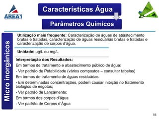Características Água

                                      Parâmetros Químicos
                    Utilização mais frequente: Caracterização de águas de abastecimento
                    brutas e tratadas, caracterização de águas residuárias brutas e tratadas e
Micro inorgânicos




                    caracterização de corpos d’água.

                    Unidade: µg/L ou mg/L
                    Interpretação dos Resultados:
                    Em termos de tratamento e abastecimento público de água:
                    - Ver padrão de Potabilidade (vários compostos – consultar tabelas)
                    Em termos de tratamento de águas residuárias:
                    - Em determinadas concentrações, podem causar inibição no tratamento
                    biológico de esgotos;
                    - Ver padrão de Lançamento;
                    Em termos dos corpos d’água
                    - Ver padrão de Corpos d’Água

                                                                                                 56
 