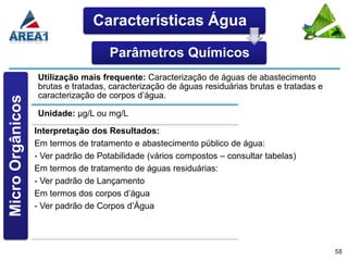 Características Água

                                     Parâmetros Químicos
                  Utilização mais frequente: Caracterização de águas de abastecimento
                  brutas e tratadas, caracterização de águas residuárias brutas e tratadas e
                  caracterização de corpos d’água.
Micro Orgânicos




                  Unidade: µg/L ou mg/L
                  Interpretação dos Resultados:
                  Em termos de tratamento e abastecimento público de água:
                  - Ver padrão de Potabilidade (vários compostos – consultar tabelas)
                  Em termos de tratamento de águas residuárias:
                  - Ver padrão de Lançamento
                  Em termos dos corpos d’água
                  - Ver padrão de Corpos d’Água




                                                                                               58
 