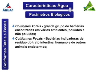 Características Água

                                        Parâmetros Biológicos
Coliformes Totais e Fecais




                              Colifomes Totais - grande grupo de bactérias
                               encontradas em vários ambientes, poluídos e
                               não poluídos;
                              Coliformes Fecais - Bactérias indicadoras de
                               resíduo do trato intestinal humano e de outros
                               animais endotermos;
 