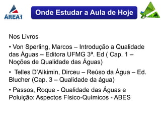 Onde Estudar a Aula de Hoje


Nos Livros
• Von Sperling, Marcos – Introdução a Qualidade
das Águas – Editora UFMG 3ª. Ed ( Cap. 1 –
Noções de Qualidade das Águas)
• Telles D’Alkimin, Dirceu – Reúso da Água – Ed.
Blucher (Cap. 3 – Qualidade da água)
• Passos, Roque - Qualidade das Águas e
Poluição: Aspectos Físico-Químicos - ABES
 