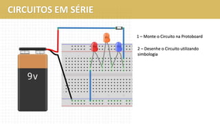 CIRCUITOS EM SÉRIE
1 – Monte o Circuito na Protoboard
2 – Desenhe o Circuito utilizando
simbologia
 