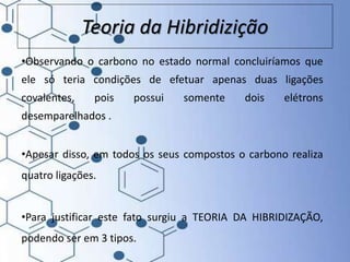 Teoria da Hibridizição
•Observando o carbono no estado normal concluiríamos que
ele só teria condições de efetuar apenas duas ligações
covalentes, pois possui somente dois elétrons
desemparelhados .
•Apesar disso, em todos os seus compostos o carbono realiza
quatro ligações.
•Para justificar este fato surgiu a TEORIA DA HIBRIDIZAÇÃO,
podendo ser em 3 tipos.
 