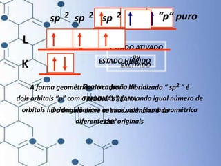 K
L
ESTADO ATIVADO
ou
EXCITADO
Ocorre a fusão de
dois orbitais “p” com o orbital “s”, formando igual número de
orbitais híbridos idênticos entre si, com forma geométrica
diferente das originais
ESTADO HÍBRIDO
sp 2
sp 2 “p” puro
sp 2
A forma geométrica do carbono hibridizado “ sp “ é
TRIGONAL PLANA
e o ângulo entre as suas valências é de
120°
2
 