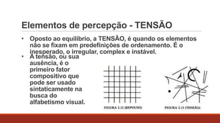 Elementos de percepção - TENSÃO
• Oposto ao equilíbrio, a TENSÃO, é quando os elementos
não se fixam em predefinições de ordenamento. É o
inesperado, o irregular, complex e instável.
• A tensão, ou sua
ausência, é o
primeiro fator
compositivo que
pode ser usado
sintaticamente na
busca do
alfabetismo visual.

 