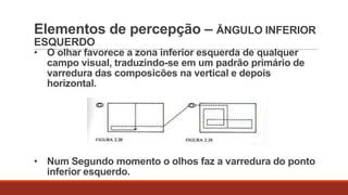 Elementos de percepção – ÂNGULO INFERIOR
ESQUERDO

• O olhar favorece a zona inferior esquerda de qualquer
campo visual, traduzindo-se em um padrão primário de
varredura das composicões na vertical e depois
horizontal.

• Num Segundo momento o olhos faz a varredura do ponto
inferior esquerdo.

 