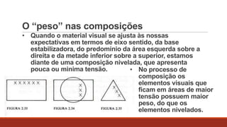 O “peso” nas composições
• Quando o material visual se ajusta às nossas
expectativas em termos de eixo sentido, da base
estabilizadora, do predomínio da área esquerda sobre a
direita e da metade inferior sobre a superior, estamos
diante de uma composição nivelada, que apresenta
pouca ou minima tensão.
• No processo de
composição os
elementos visuais que
ficam em áreas de maior
tensão possuem maior
peso, do que os
elementos nivelados.

 