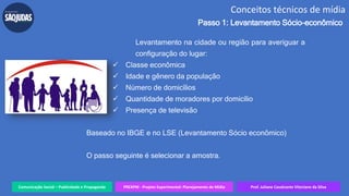 Comunicação Social – Publicidade e Propaganda PREXPM - Projeto Experimental: Planejamento de Mídia Prof. Juliane Cavalcante Vitoriano da Silva
Conceitos técnicos de mídia
Passo 1: Levantamento Sócio-econômico
Levantamento na cidade ou região para averiguar a
configuração do lugar:
 Classe econômica
 Idade e gênero da população
 Número de domicílios
 Quantidade de moradores por domicílio
 Presença de televisão
Baseado no IBGE e no LSE (Levantamento Sócio econômico)
O passo seguinte é selecionar a amostra.
 