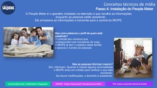 Comunicação Social – Publicidade e Propaganda PREXPM - Projeto Experimental: Planejamento de Mídia Prof. Juliane Cavalcante Vitoriano da Silva
Conceitos técnicos de mídia
Passo 4: Instalação do People Meter
O People Meter é o aparelho instalado na televisão e que recolhe as informações
enquanto as pessoas estão assistindo.
Ele armazena as informações e transmite para a central do IBOPE.
Mas como sabemos o perfil de quem está
assistindo?
O controle tem números que
correspondem aos moradores da casa.
O IBOPE já tem o cadastro desta família
e associa o número às pessoas.
Mas as pessoas informam mesmo?
Sim, informam. Quando é notada alguma anormalidade
o IBOPE entra em contato para verificar o que está
ocorrendo.
Se houve modificações, o domicílio é substituído.
 
