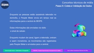 Comunicação Social – Publicidade e Propaganda PREXPM - Projeto Experimental: Planejamento de Mídia Prof. Juliane Cavalcante Vitoriano da Silva
Conceitos técnicos de mídia
Passo 6: Coleta e Validação de Dados
Enquanto as pessoas estão assistindo televisão no
domicílio, o People Meter envia em tempo real as
informações para a central do IBOPE.
Estas informações são enviadas via rádio
e sinal de celular.
Enquanto mudam de canal, ligam a televisão, entram
e saem moradores, os movimentos são registrados
pelo People Meter e enviados para a central.
 