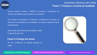 Comunicação Social – Publicidade e Propaganda PREXPM - Projeto Experimental: Planejamento de Mídia Prof. Juliane Cavalcante Vitoriano da Silva
Conceitos técnicos de mídia
Passo 7: Processo e Controle de Qualidade
Quando recebe os dados, o IBOPE os processa e transforma nos
números de audiência que recebemos na emissora.
No Controle de Qualidade é verificada a consistência dos dados, se
está dentro dos padrões de normalidade e se todos os aparelhos estão
enviando sinal.
Após passar pelo Controle de Qualidade o dado
é repassado para nós.
Passo 8: Entrega dos dados
Por fim, recebemos os clientes recebem os
dados
 