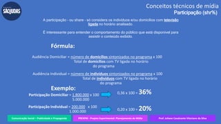 Comunicação Social – Publicidade e Propaganda PREXPM - Projeto Experimental: Planejamento de Mídia Prof. Juliane Cavalcante Vitoriano da Silva
Conceitos técnicos de mídia
Participação (shr%)
A participação – ou share – só considera os indivíduos e/ou domicílios com televisão
ligada no horário analisado.
É interessante para entender o comportamento do público que está disponível para
assistir o conteúdo exibido.
Fórmula:
Exemplo:
0,36 x 100 = 36%
0,20 x 100 = 20%
Audiência Domiciliar = número de domicílios sintonizados no programa x 100
Total de domicílios com TV ligada no horário
do programa
Audiência Individual = número de indivíduos sintonizados no programa x 100
Total de indivíduos com TV ligada no horário
do programa
Participação Domiciliar = 1.800.000 x 100
5.000.000
Participação Individual = 200.000 x 100
1.000.000
 