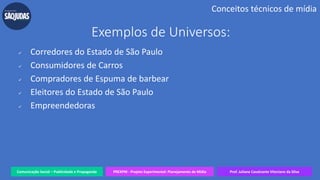 Comunicação Social – Publicidade e Propaganda PREXPM - Projeto Experimental: Planejamento de Mídia Prof. Juliane Cavalcante Vitoriano da Silva
Conceitos técnicos de mídia
Exemplos de Universos:
 Corredores do Estado de São Paulo
 Consumidores de Carros
 Compradores de Espuma de barbear
 Eleitores do Estado de São Paulo
 Empreendedoras
 
