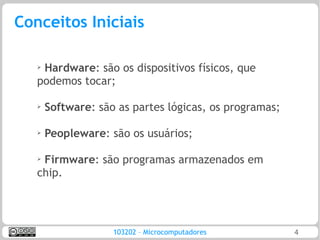 Conceitos Iniciais

   ➢
    Hardware: são os dispositivos físicos, que
   podemos tocar;

   ➢   Software: são as partes lógicas, os programas;

   ➢   Peopleware: são os usuários;

   ➢Firmware: são programas armazenados em
   chip.




                    103202 – Microcomputadores          4
 