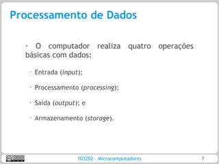 Processamento de Dados

  ➢  O computador realiza quatro operações
  básicas com dados:
      •   Entrada (input);

      •
          Processamento (processing);

      •
          Saída (output); e

      •
          Armazenamento (storage).




                        103202 – Microcomputadores   7
 
