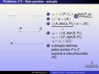 Problema no3 - Reta paralela - soluc¸ ˜ao
P
a
C
1 γ1 = {P, r}, r > dist(P, a);
2 γ1 ∩ a = {A};
3 (A, dist(a, P))
γ2
∩a = {B};
4 γ3 = (A, dist(B, P))
γ4 = (P, dist(B, P))
γ3 ∩ γ4 = {C};
5 a direc¸ ˜ao deﬁnida
pelos pontos P e C
suporta a reta procurada;
PC;
eek.up@hotmail.com Desenho T´ecnico - Construc¸ ˜oes Geom´etricas
 