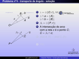 Problema no4 - transporte de ˆangulo - soluc¸ ˜ao
b
a
O
θ
c
P
γ
B
A
β1
C
r
1 γ = {O, r}, ∀r;
2 γ ∩ a = {A};
γ ∩ b = {B};
3 β1 = {P, r};
4 A intersecc¸ ˜ao do arco
com a reta c ´e o ponto C;
C = β1 ∩ c;
5 dist(A, B) = dist(C, D);
67 PD;
eek.up@hotmail.com Desenho T´ecnico - Construc¸ ˜oes Geom´etricas
 