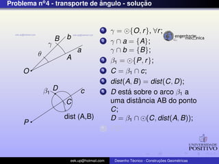 Problema no4 - transporte de ˆangulo - soluc¸ ˜ao
b
a
O
θ
c
P
γ
B
A
β1
C
dist (A,B)
D
1 γ = {O, r}, ∀r;
2 γ ∩ a = {A};
γ ∩ b = {B};
3 β1 = {P, r};
4 C = β1 ∩ c;
5 dist(A, B) = dist(C, D);
6 D est´a sobre o arco β1 a
uma distˆancia AB do ponto
C;
D = β1 ∩ (C, dist(A, B));
7 PD;
eek.up@hotmail.com Desenho T´ecnico - Construc¸ ˜oes Geom´etricas
 