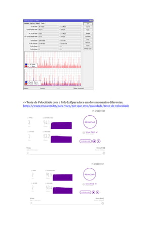 -> Teste de Velocidade com o link da Operadora em dois momentos diferentes.
https://www.vivo.com.br/para-voce/por-que-vivo/qualidade/teste-de-velocidade
 