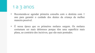 • Recomenda-se agendar primeira consulta com o dentista com 1
ano para garantir o cuidado dos dentes da criança da melhor
maneira possível.
• É nessa época que os primeiros molares surgem. Os molares
costumam ser mais dolorosos porque têm uma superfície mais
plana, ao contrário dos incisivos, que são mais pontudos.
 