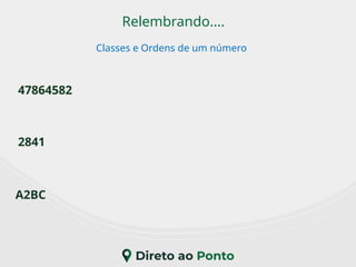 Relembrando....
47864582
Classes e Ordens de um número
A2BC
2841
 