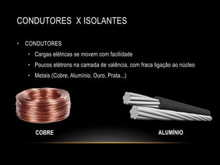 CONDUTORES X ISOLANTES
• CONDUTORES
• Cargas elétricas se movem com facilidade
• Poucos elétrons na camada de valência, com fraca ligação ao núcleo

• Metais (Cobre, Alumínio, Ouro, Prata...)

COBRE

ALUMÍNIO

 