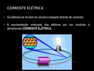 CORRENTE ELÉTRICA
• Os elétrons se movem no circuito e passam através do condutor.
• A movimentação ordenada dos elétrons por um condutor é
denominada CORRENTE ELÉTRICA.

+

-

 