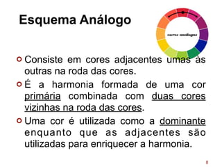 Esquema Análogo
¢ Consiste em cores adjacentes umas às
outras na roda das cores.
¢ É a harmonia formada de uma cor
primária combinada com duas cores
vizinhas na roda das cores.
¢ Uma cor é utilizada como a dominante
enquanto que as adjacentes são
utilizadas para enriquecer a harmonia.
8
 