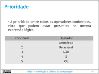Prioridade

 ➢ A prioridade entre todos os operadores conhecidos,
 visto que podem estar presentes na mesma
 expressão lógica.

     Prioridade                             Operador
         1                                 Aritmético
         2                                 Relacional
         3                                     NÃO
         4                                       E
         5                                      OU


             103201 - Introdução a Ciência da Computação   14
 
