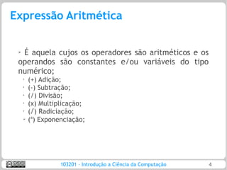 Expressão Aritmética

 ➢É aquela cujos os operadores são aritméticos e os
 operandos são constantes e/ou variáveis do tipo
 numérico;
     •
         (+) Adição;
     •   (-) Subtração;
     •   (/) Divisão;
     •
         (x) Multiplicação;
     •   (√) Radiciação;
     ➢
         (a) Exponenciação;




                   103201 - Introdução a Ciência da Computação   4
 