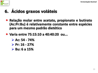 Fermentação Ruminal




6. Ácidos graxos voláteis

 Relação molar entre acetato, propionato e butirato
  (Ac:Pr:Bu) é relativamente constante entre espécies
  para um mesmo padrão dietético
 Varia entre 75:15:10 a 40:40:20 ou...
    Ac: 54 - 74%
    Pr: 16 - 27%
    Bu: 6 a 15%




                                                           13
 