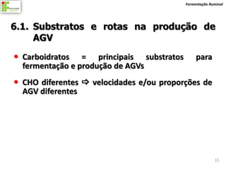 Fermentação Ruminal




6.1. Substratos e rotas na produção de
     AGV
 Carboidratos = principais substratos         para
  fermentação e produção de AGVs
 CHO diferentes  velocidades e/ou proporções de
  AGV diferentes




                                                        15
 