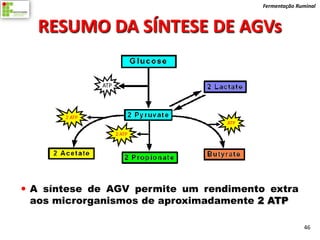 Fermentação Ruminal



  RESUMO DA SÍNTESE DE AGVs

               ATP




       2 ATP
                                  ATP

                     2 ATP




 A síntese de AGV permite um rendimento extra
  aos microrganismos de aproximadamente 2 ATP

                                                      46
 