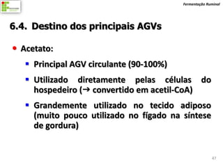 Fermentação Ruminal




6.4. Destino dos principais AGVs

 Acetato:
    Principal AGV circulante (90-100%)
    Utilizado diretamente pelas células do
     hospedeiro ( convertido em acetil-CoA)
    Grandemente utilizado no tecido adiposo
     (muito pouco utilizado no fígado na síntese
     de gordura)


                                                        47
 