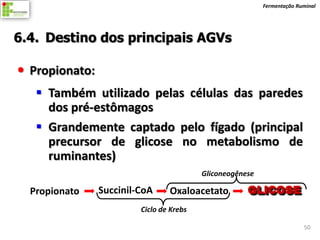 Fermentação Ruminal




6.4. Destino dos principais AGVs

 Propionato:
    Também utilizado pelas células das paredes
     dos pré-estômagos
    Grandemente captado pelo fígado (principal
     precursor de glicose no metabolismo de
     ruminantes)
                                          Gliconeogênese

  Propionato    Succinil-CoA     Oxaloacetato
                         Ciclo de Krebs

                                                                         50
 