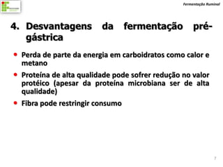Fermentação Ruminal




4. Desvantagens          da     fermentação           pré-
   gástrica
 Perda de parte da energia em carboidratos como calor e
  metano
 Proteína de alta qualidade pode sofrer redução no valor
  protéico (apesar da proteína microbiana ser de alta
  qualidade)
 Fibra pode restringir consumo




                                                                 7
 