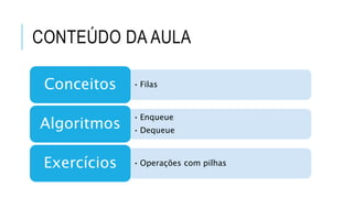 CONTEÚDO DA AULA 
Conceitos • Filas 
• Enqueue 
• Dequeue Algoritmos 
Exercícios •Operações com pilhas 
 