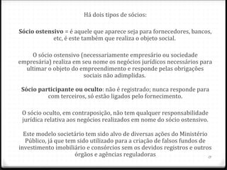 Há dois tipos de sócios:

Sócio ostensivo = é aquele que aparece seja para fornecedores, bancos,
            etc, é este também que realiza o objeto social.

    O sócio ostensivo (necessariamente empresário ou sociedade
empresária) realiza em seu nome os negócios jurídicos necessários para
  ultimar o objeto do empreendimento e responde pelas obrigações
                        sociais não adimplidas.

 Sócio participante ou oculto: não é registrado; nunca responde para
          com terceiros, só estão ligados pelo fornecimento.

 O sócio oculto, em contraposição, não tem qualquer responsabilidade
 jurídica relativa aos negócios realizados em nome do sócio ostensivo.

  Este modelo societário tem sido alvo de diversas ações do Ministério
   Público, já que tem sido utilizado para a criação de falsos fundos de
investimento imobiliário e consórcios sem os devidos registros e outros
                      órgãos e agências reguladoras                      13
 