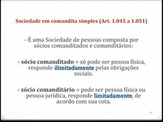  Sociedade em comandita simples (Art. 1.045 a 1.051) 


   - É uma Sociedade de pessoas composta por
       sócios comanditados e comanditários:

 - sócio comanditado = só pode ser pessoa física,
     responde ilimitadamente pelas obrigações
                      sociais.

 - sócio comanditário = pode ser pessoa física ou
     pessoa jurídica, responde limitadamente, de
                               limitadamente
                 acordo com sua cota.
                                                        19
 