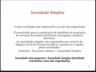 Sociedade Simples


é uma sociedade não empresária, ou seja não organizada.
É constituída para a exploração de atividade de prestação
  de serviços de ordem intelectual: advogados, medicos,
                        dentistas,
  As sociedades simples são registradas em cartório de
 Registro Civil de Pessoas Jurídicas e podem ser regidas
                    pelas sociedades:
   Limitada – Em nome coletivo – Comandita Simples

Sociedade sem empresa = Sociedade Simples (atividade
           econômica, mas não organizada).
                                                            21
 