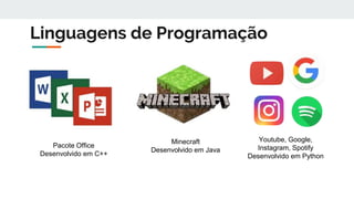Linguagens de Programação
Pacote Office
Desenvolvido em C++
Minecraft
Desenvolvido em Java
Youtube, Google,
Instagram, Spotify
Desenvolvido em Python
 
