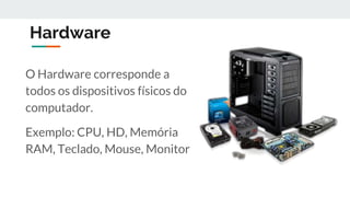 Hardware
O Hardware corresponde a
todos os dispositivos físicos do
computador.
Exemplo: CPU, HD, Memória
RAM, Teclado, Mouse, Monitor
 