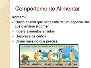 Comportamento Alimentar 
Homem: 
 Único animal que necessita de um especialista 
que o ensine a comer 
 Ingere alimentos errados 
 Despreza os certos 
 Come mais do que precisa 
 