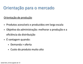 Histórico 
Era 
do 
Relacionamento 
– 
1990 
até 
hoje 
• Avanços 
tecnológicos 
• Comércio 
eletrônico, 
dos 
bancos 
de 
dados 
de 
marke7ng 
(database 
marke7ng) 
e 
cartões 
de 
relacionamento 
• CRM 
-­‐ 
Customer 
Rela7onship 
Management 
(sistemas) 
• Atendimento 
individual 
e 
sob 
medida 
• Fidelizar 
o 
relacionamento 
de 
longo 
prazo 
(sa7sfação 
mútua) 
• Customização 
no 
atendimento 
• “Relacionamento 
de 
longo 
prazo 
com 
consumidores 
e 
outros 
sócios 
da 
empresa”. 
Graduação 
em 
Publicidade 
e 
Propaganda 
| 
Marke7ng 
| 
Profa. 
Nayane 
Monteiro 
| 
nayane@emediata.com.br 
 