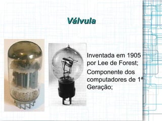 Válvula


   
       Inventada em 1905
       por Lee de Forest;
   
       Componente dos
       computadores de 1ª
       Geração;
 