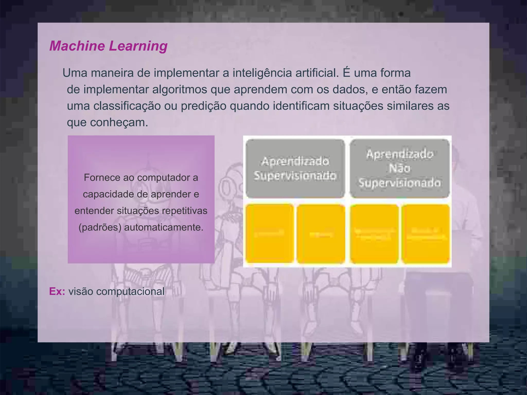 8
Machine Learning
Uma maneira de implementar a inteligência artificial. É uma forma
de implementar algoritmos que aprendem com os dados, e então fazem
uma classificação ou predição quando identificam situações similares as
que conheçam.
Ex: visão computacional
Fornece ao computador a
capacidade de aprender e
entender situações repetitivas
(padrões) automaticamente.
 