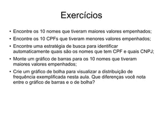 Exercícios
● Encontre os 10 nomes que tiveram maiores valores empenhados;
● Encontre os 10 CPFs que tiveram menores valores empenhados;
● Encontre uma estratégia de busca para identificar
automaticamente quais são os nomes que tem CPF e quais CNPJ;
● Monte um gráfico de barras para os 10 nomes que tiveram
maiores valores empenhados;
● Crie um gráfico de bolha para visualizar a distribuição de
frequência exemplificada nesta aula. Que diferenças você nota
entre o gráfico de barras e o de bolha?
 