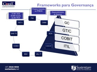 Frameworks para Governança
                      Projetos baseados
                       Projetos baseados
                         no PMBOK
                          no PMBOK
                                           Desenvolvimento
                                           Desenvolvimento
      27.001 SGSI
       27.001 SGSI                           de Sistemas
                                              de Sistemas
     20.000 Gestão
      20.000 Gestão
      22.301 PCN
       22.301 PCN




(47) 3026 4950
sustentare.net
 